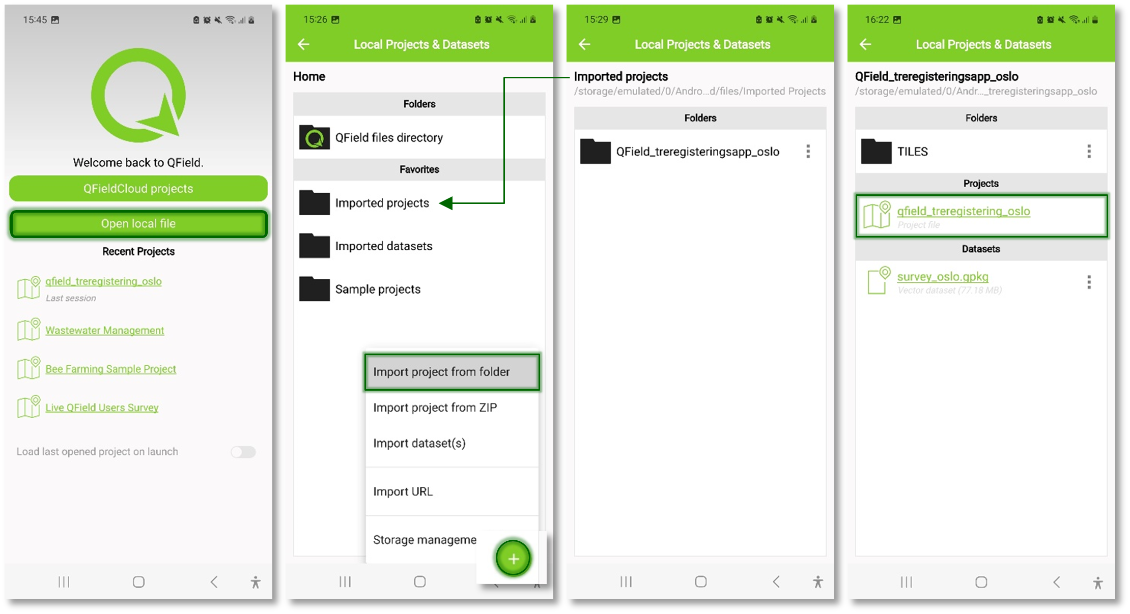 Manually add a QField project to your mobile device.