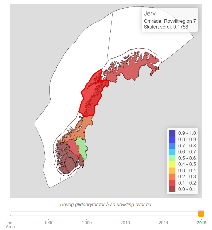 Map of wolverine indicator as presented in today's version of the Nature Index webpage. Note that when hovering over one area, it highlights and a pop-up box appears on the top right displaying the area name and exact average indicator value. The sliding bar on the bottom allows to toggle between years.