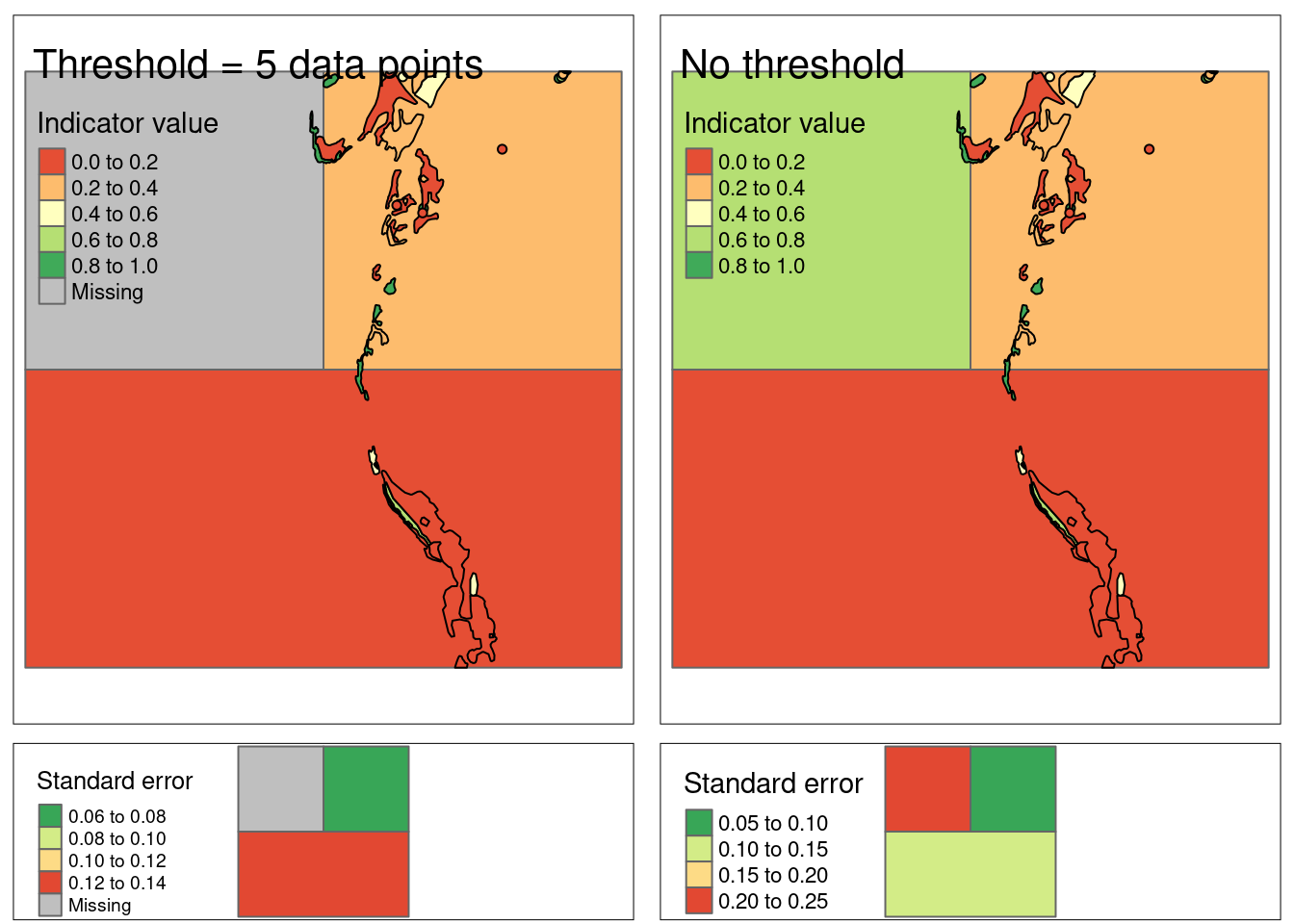 Example where the area weighted averages of the indicator values in the small polygons are spread over the raster cells with each homogeneous area class. In the left example, only homogeneous area class with more than 5 data points get indicator values. The standard errors for the extrapolated indicator values is shown in the bottom row, and are produced by bootstrapping the indicator data in the small polygoins.