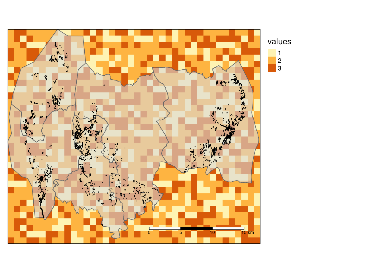 Showing the three example datasets on top of eachother. The raster layer (ex_raster) have cell values 1, 2 or 3, as shown in the legend. The five large polygons is the accounting_area layer, and the smaller polygins, visible as specks, is teh ex_polygons layer.