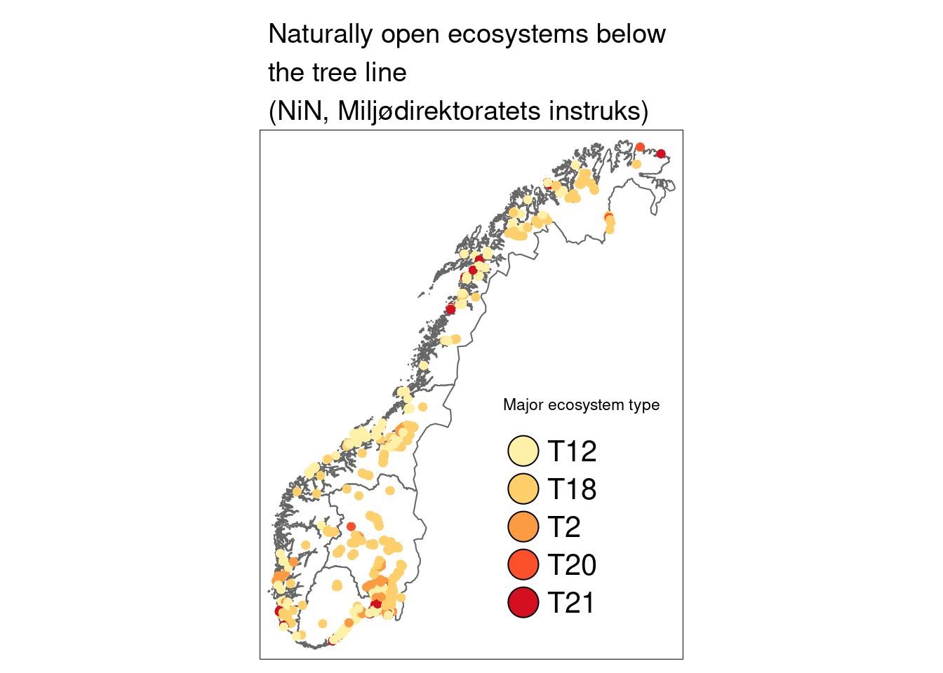 A map of Norway showing the location of the naturally open ecosystem sites. T12 = coastal meadows, T18 = flood plains, T2 = shallow soils, T20 = innfrysningsmark, T21 = sand dunes.