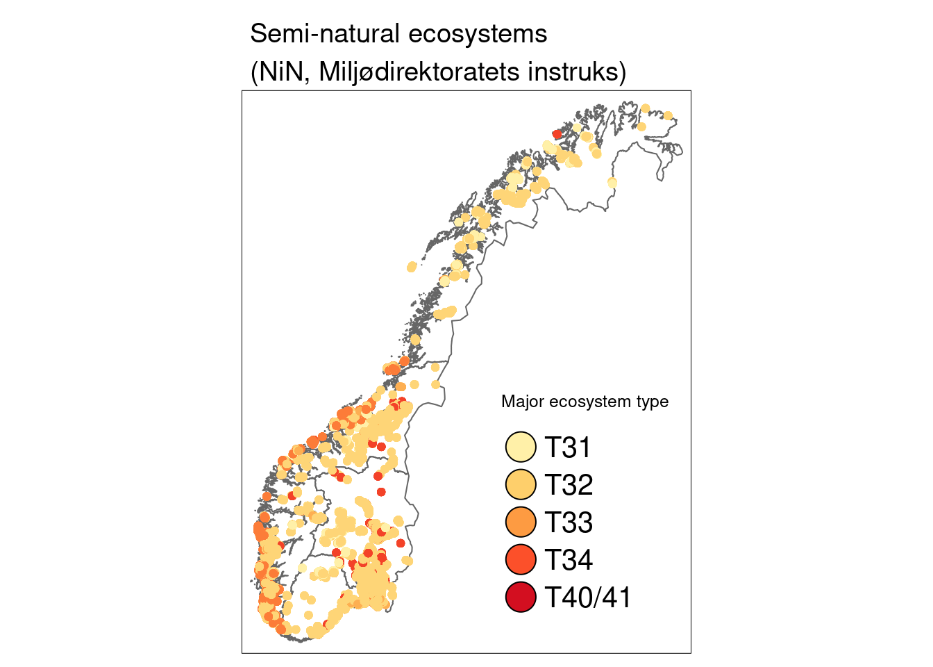 A map of Norway showing the location of the semi-natural ecosystem sites.