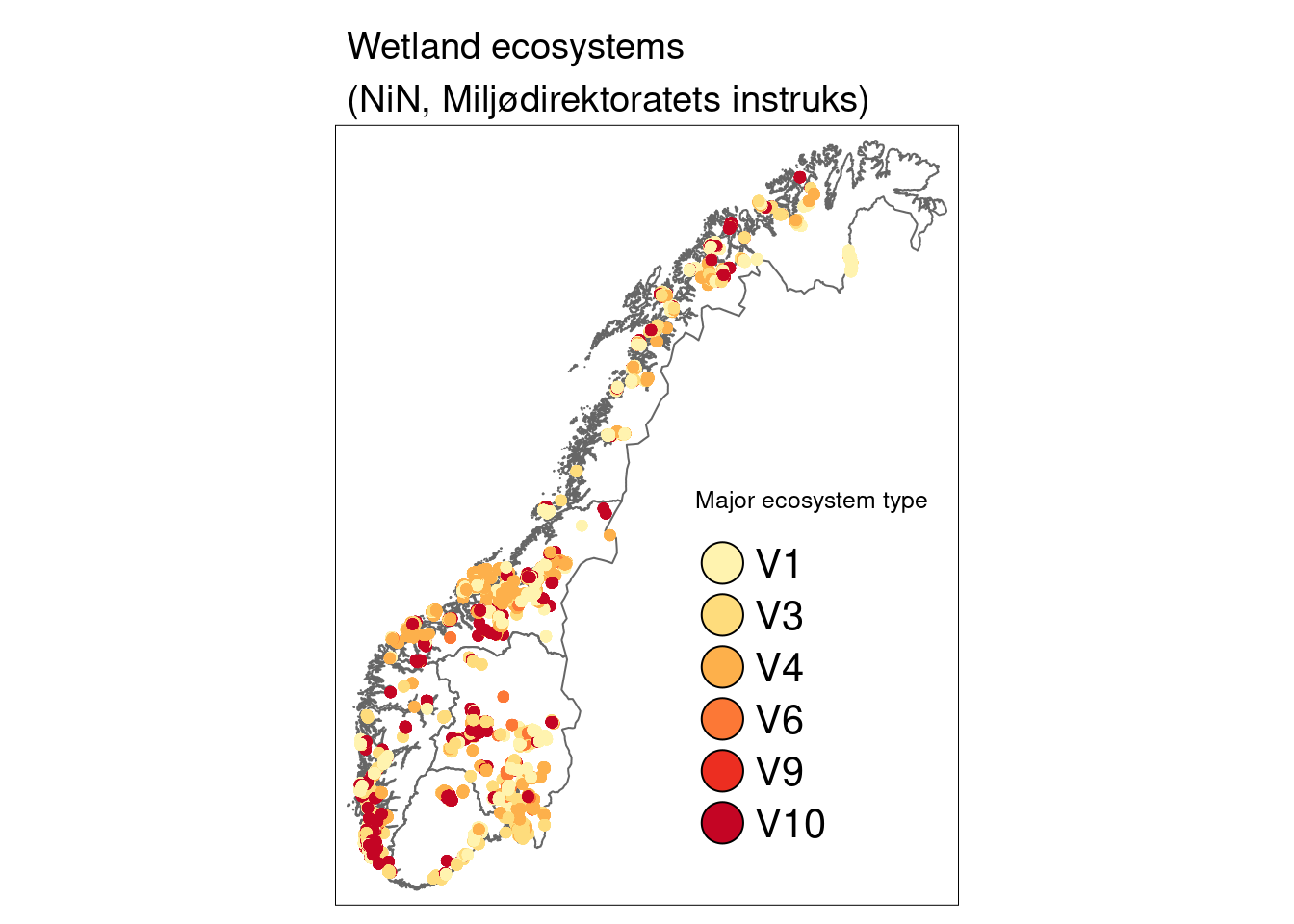 A map of Norway showing the location of the wetland ecosystem sites. V1 = minerotrophic mires, V3 = ombrotrophic bogs, V4 = cold springs, V6 = wet snowbeds, V9 = semi-natural mires, V10 = semi-natural wet meadows.