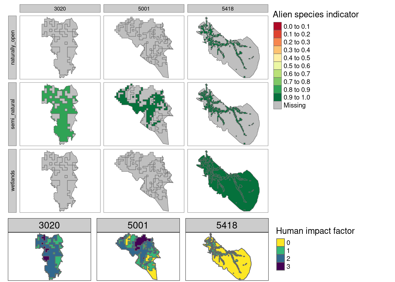 Alien species indicator extrapolated over Nordre Follo (3020), Trondheim (5001) and Målselv (5418). Note that the maps are not masked by ecosystem type, so the three ecosystem specific indicators are overlaping. The bottom row shows the location of the four human impact sones.