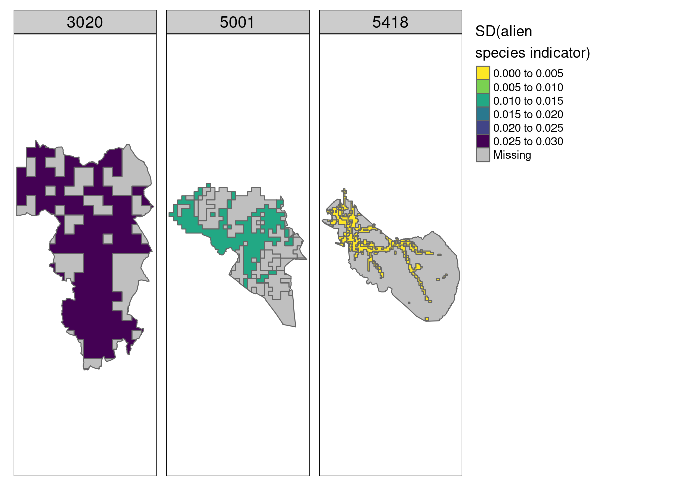 Map showing the uncertainties (spatial variation) around the indicator values for alien species in three example municipalities for Semi-natural ecosystems.