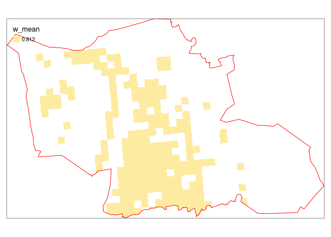 Indictor values (alien species, extrapolated and area weighted values) in Gran municipality. Note that the pixelation is very small (10 x 10 m), and that the larger squares are remnants from the HIA map which was 1 x 1 km resolution.