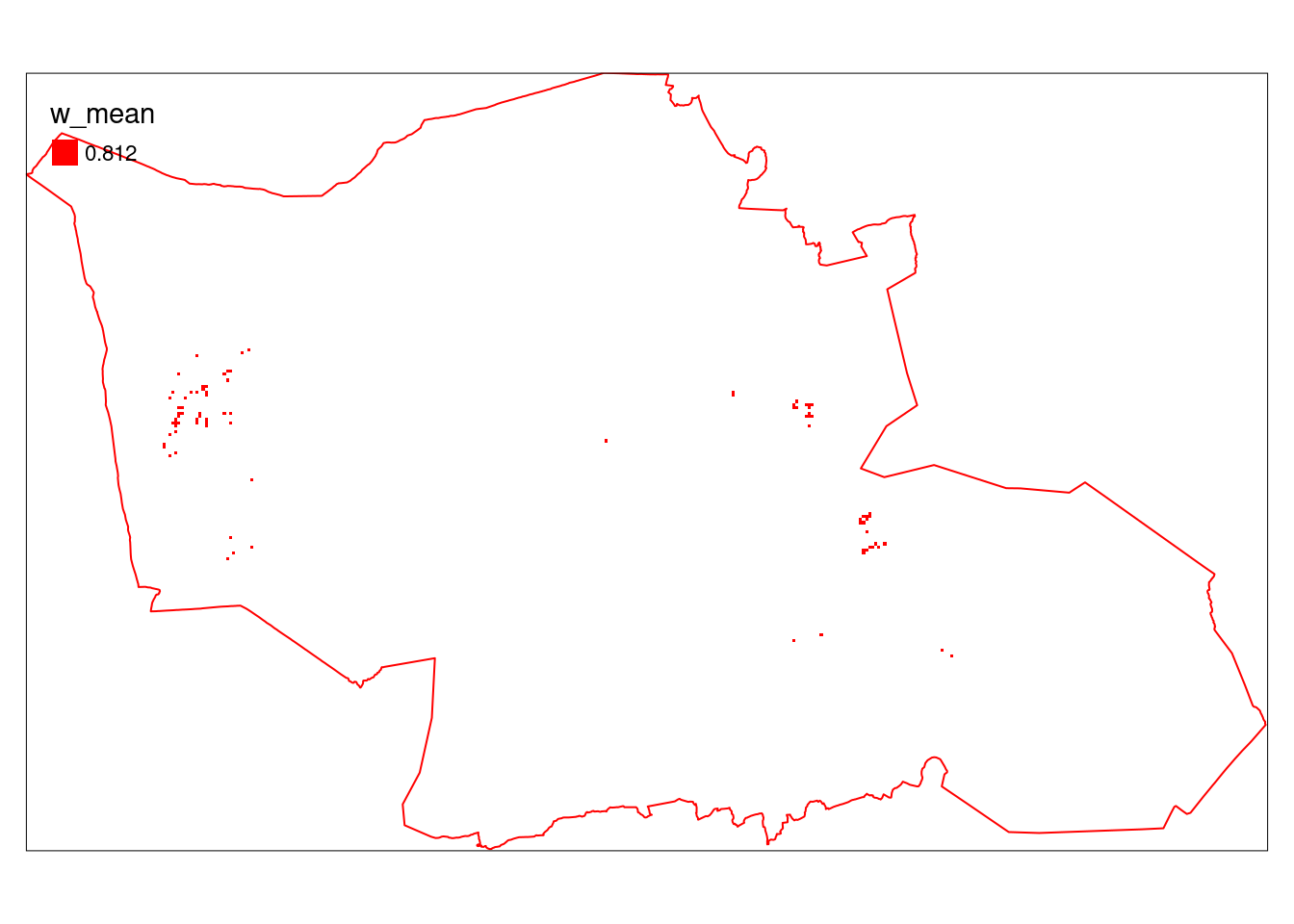 Stratified, area weighted indictor values (alien species) in Gran municipality masked by a wetland ecosystem delimination map.