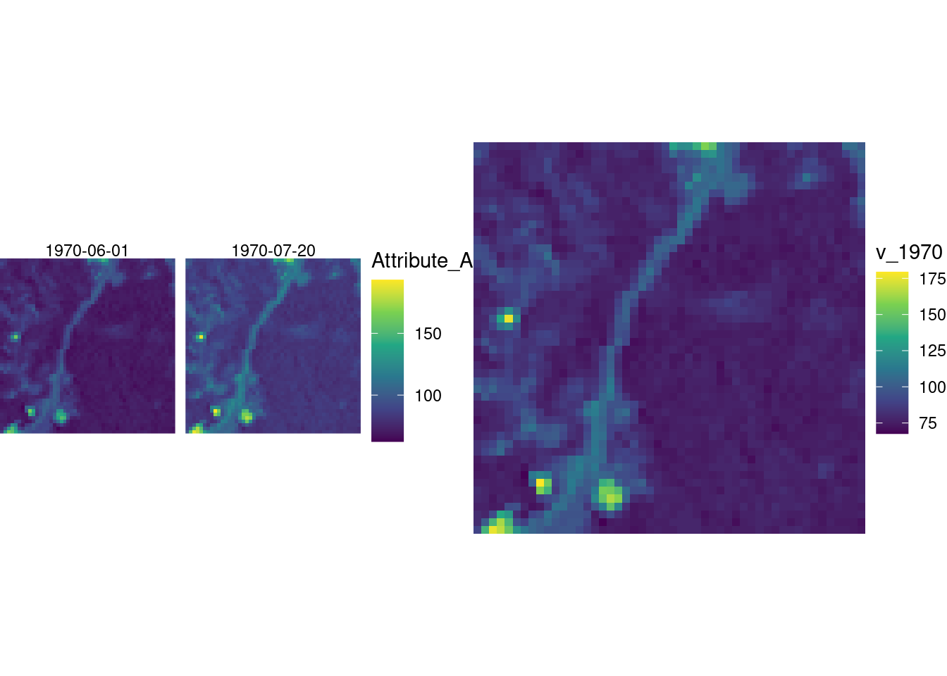 Plotting the dummy data showing Attribute_A for the two dates as small maps, and a larger map showing the mean for year 2018