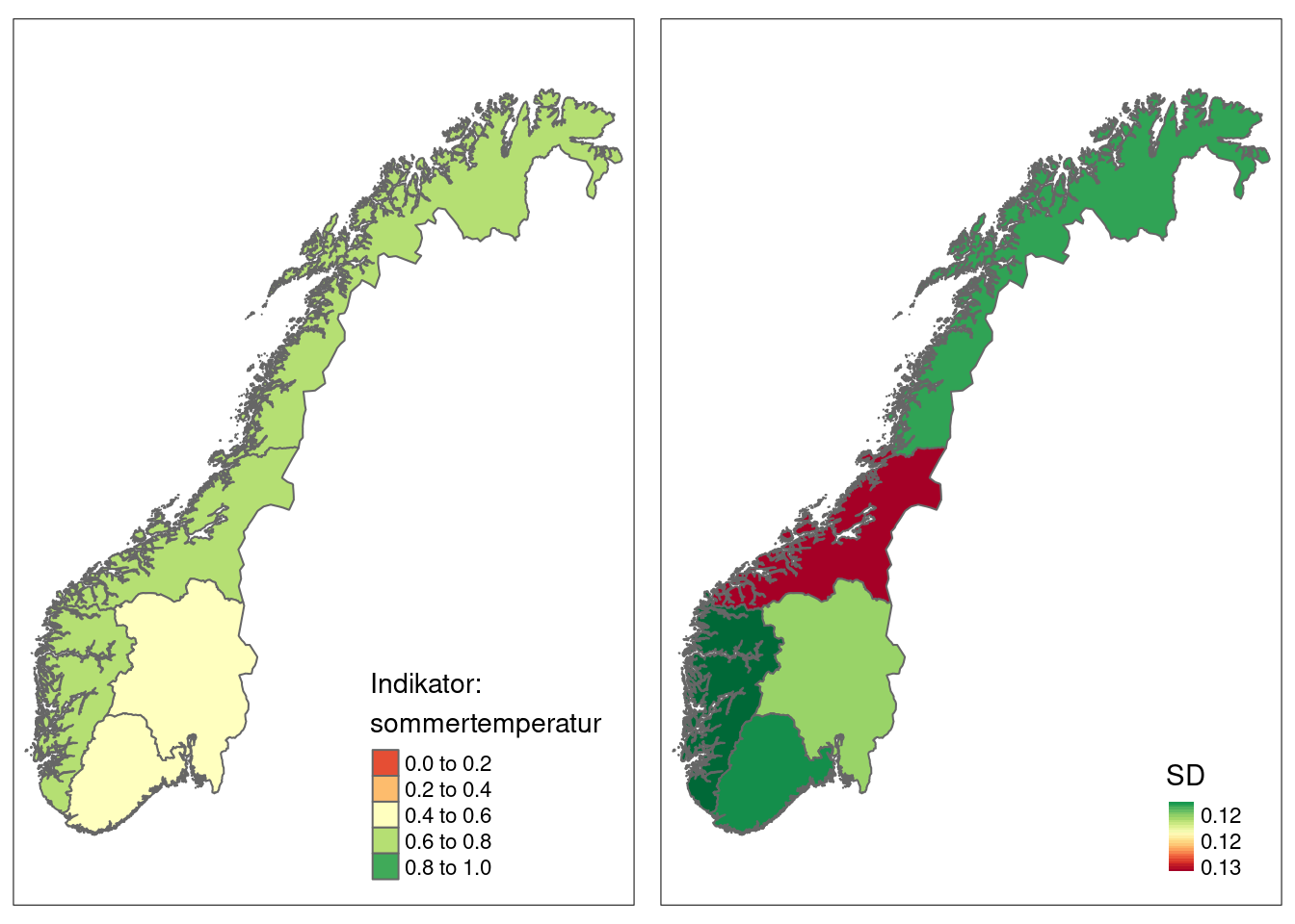 Summer tempreature indicator values for five accounting areas in Norway. SD is the spatial variation.