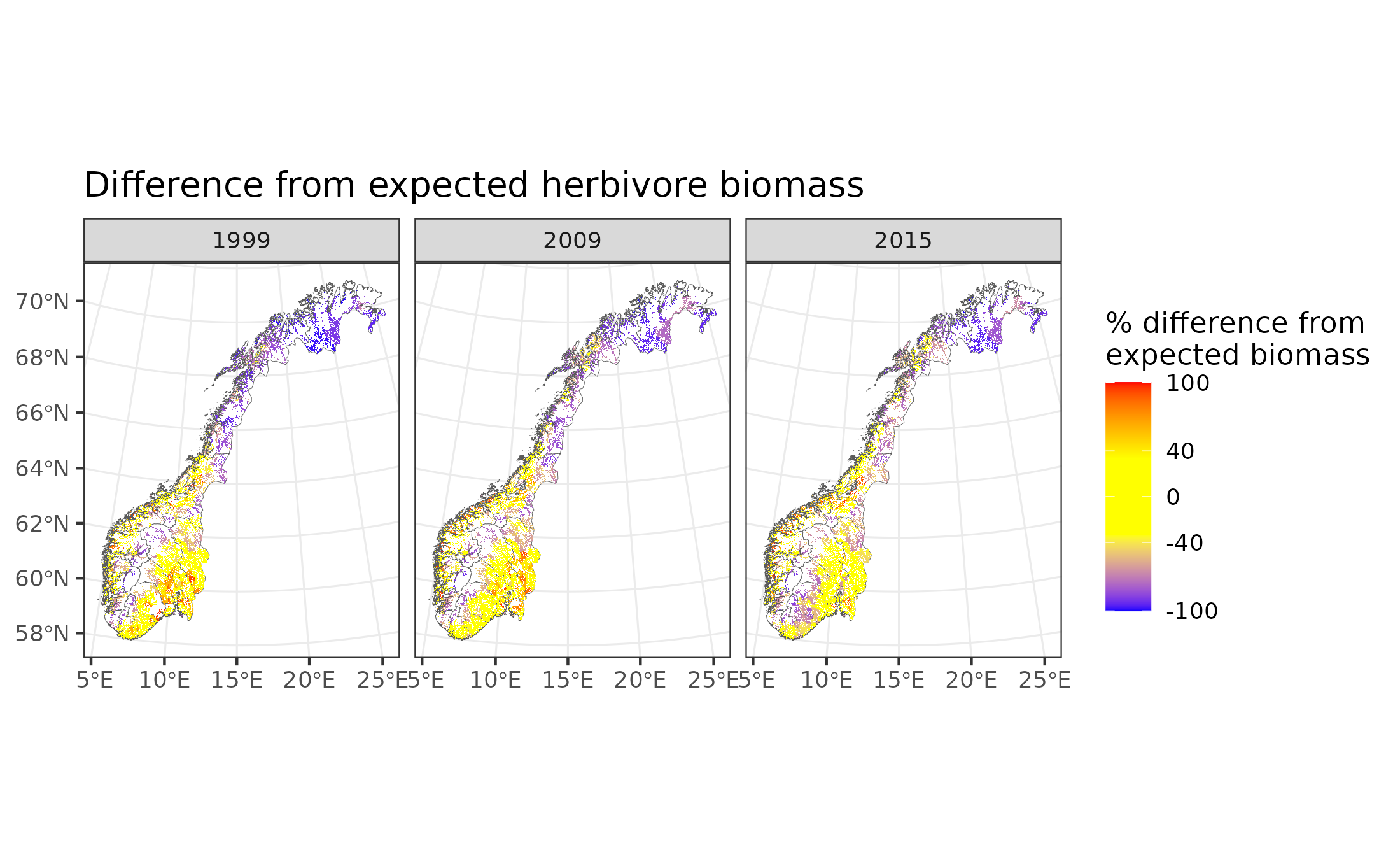 Difference in forest herbivore biomass from expectation