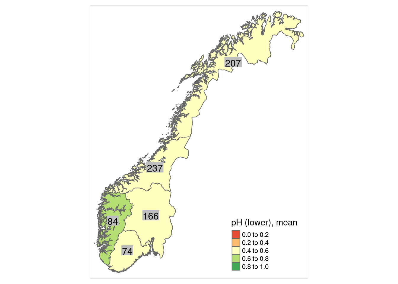 Mean index value by region for the lower pH indicator (i.e. index shows deviations towards a more acidic environment). Numbers in grey fields show the number of observations in the respective region.