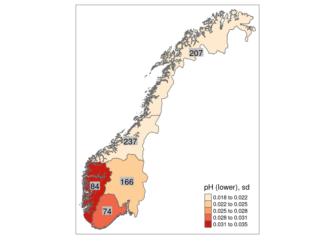 Standard error to the mean index value by region for the lower pH indicator. Numbers in grey fields show the number of observations in the respective region.