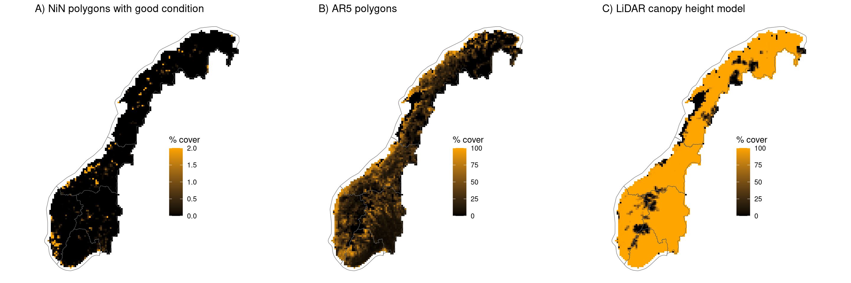 Map of Norway showing coverage of different data sets.