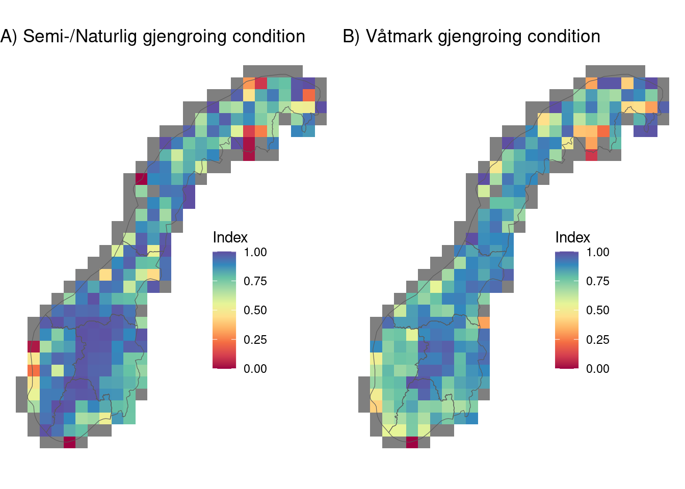 Maps displaying scaled encroachment indicator values (A, E) along with the raw vegetation heights defining upper limits for good (B, F), and bad (D, H) condition, and observed population vegetation heights (C, G). Values are aggregaed to polygons defining unique bioclimatic-elevation strata over the country.