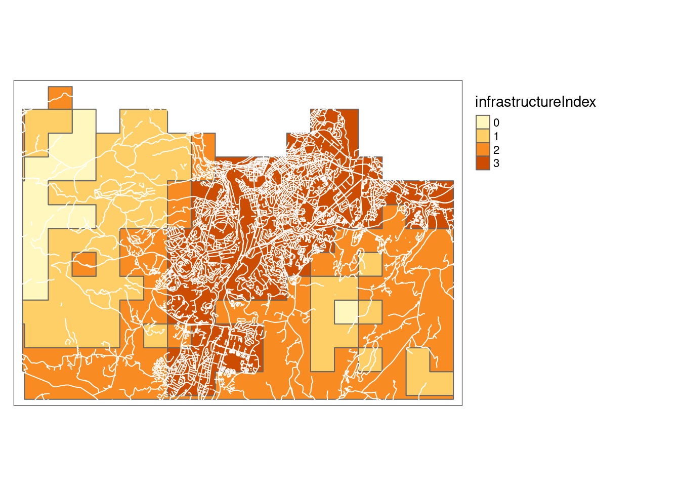 A vectorized version of the Infrastructure index over Trondheim on a four-step discrete scale.