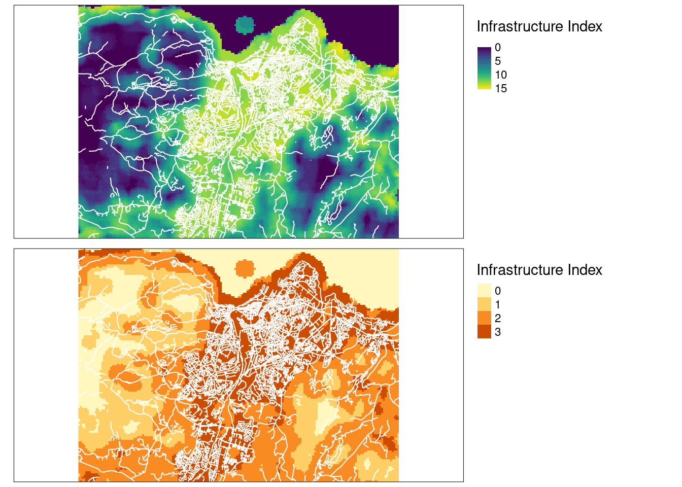 Infrastructure index over Trondheim, comparing the continous scale with the ordinal four-step scale. Major roads are in white.