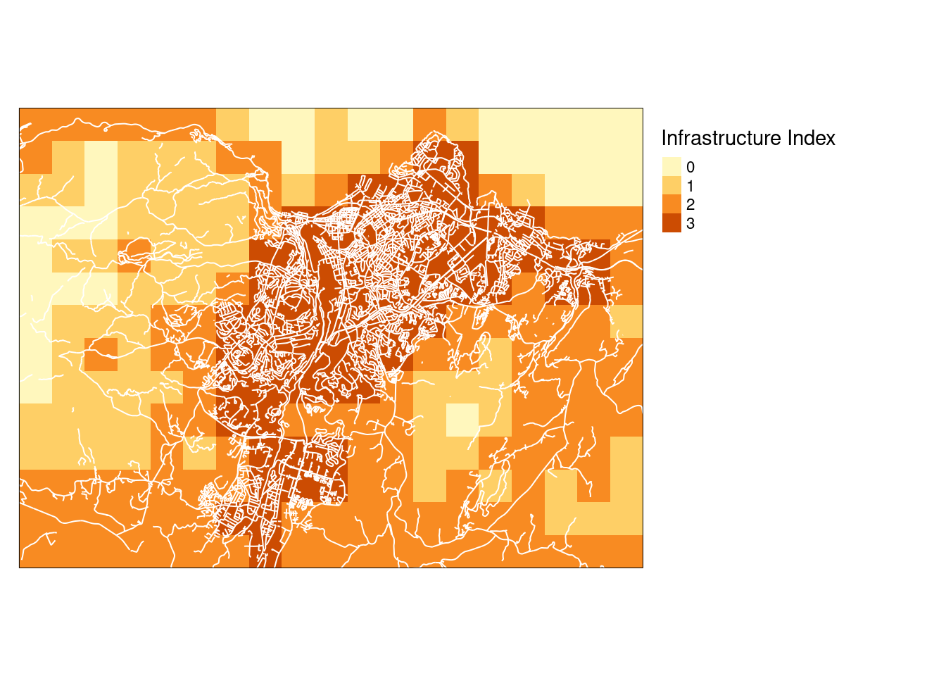 Infrastrcture index over Trondheim on a four-step discrete scale, aggregated to 1x1 km resolution using the mean function.