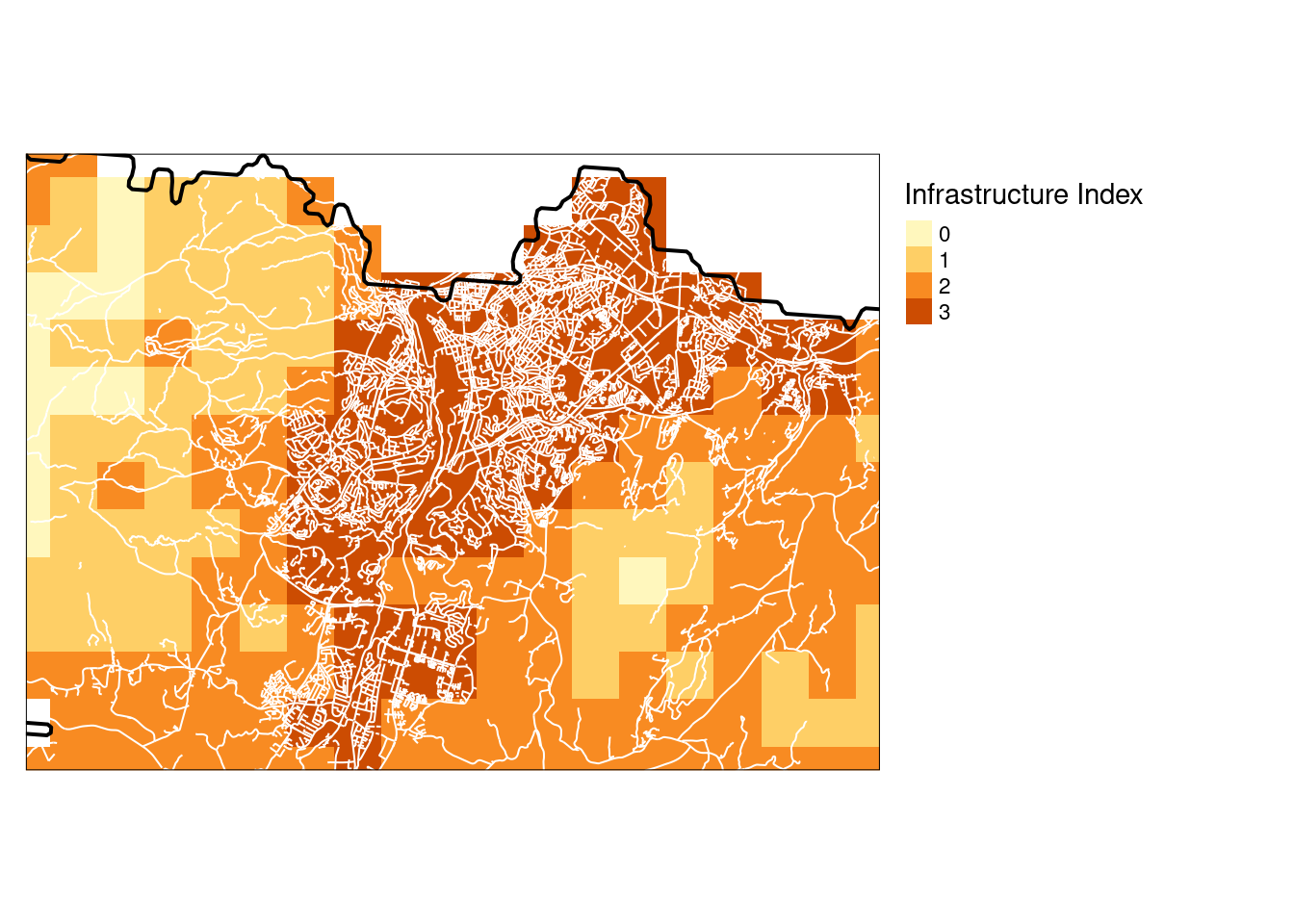 Infrastrcture index over Trondheim on a four-step discrete scale, aggregated to 1x1 km resolution using the mean function.