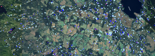 Flood frequency last 5 years, somewhere in Norway. Light blue areas are flooded once, and dark blue areas are flooded five times.