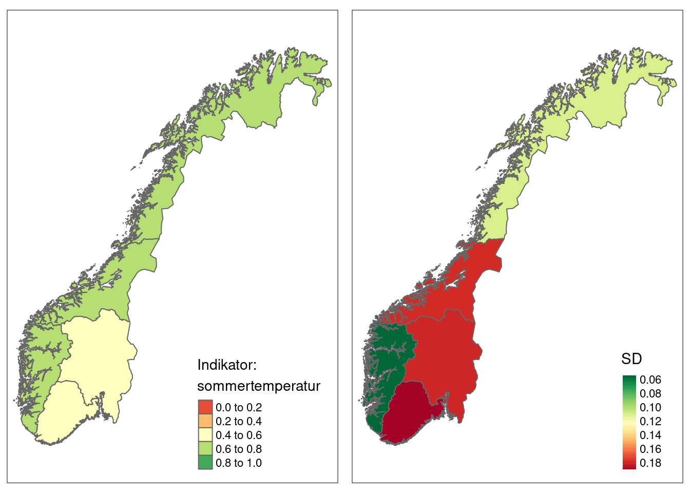 Summer tempreature indicator values for five accounting areas in Norway. SD is the spatial variation.