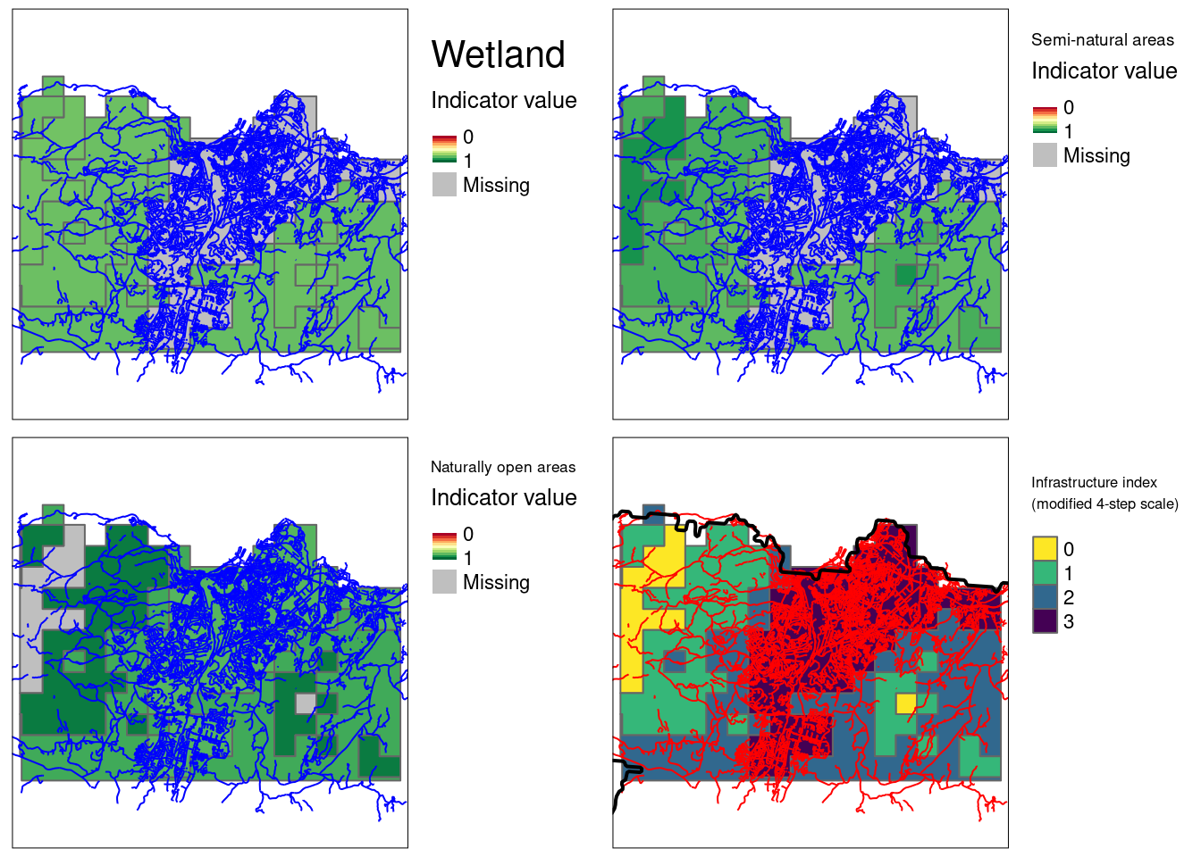 ADSV indicator extrapolated over Trondheim, with one map for each ecosystem. The map is not masked against ecosystem delineation maps, which make them easy to missinterpret.