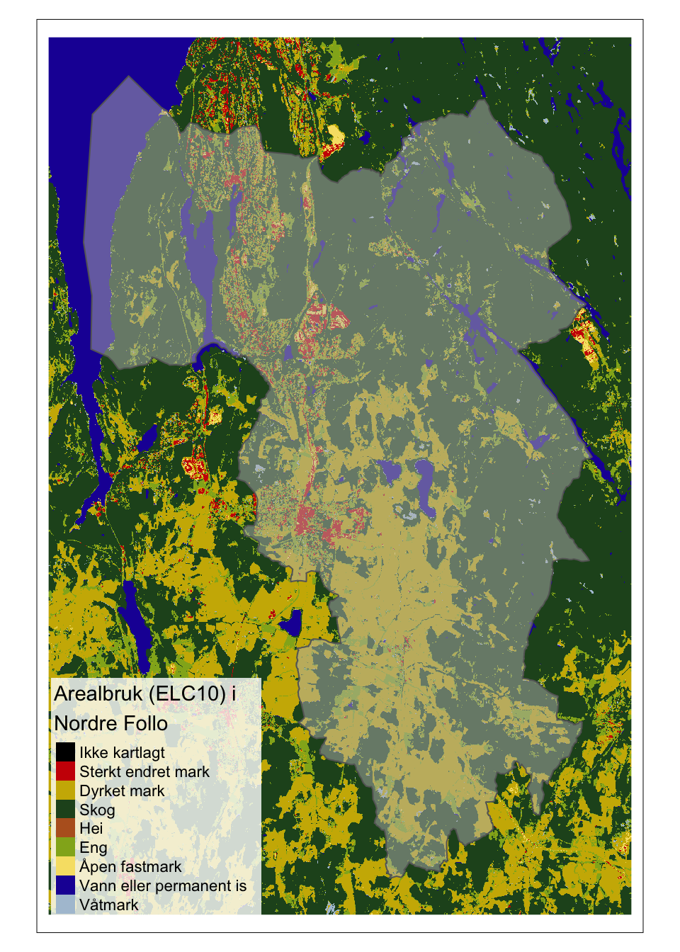 Kart over Arealtyper i Nordre Follo kommune.