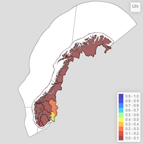 Kart som viser oppløsningen av den skalerte ulveindikatoren fra NAturindeks.